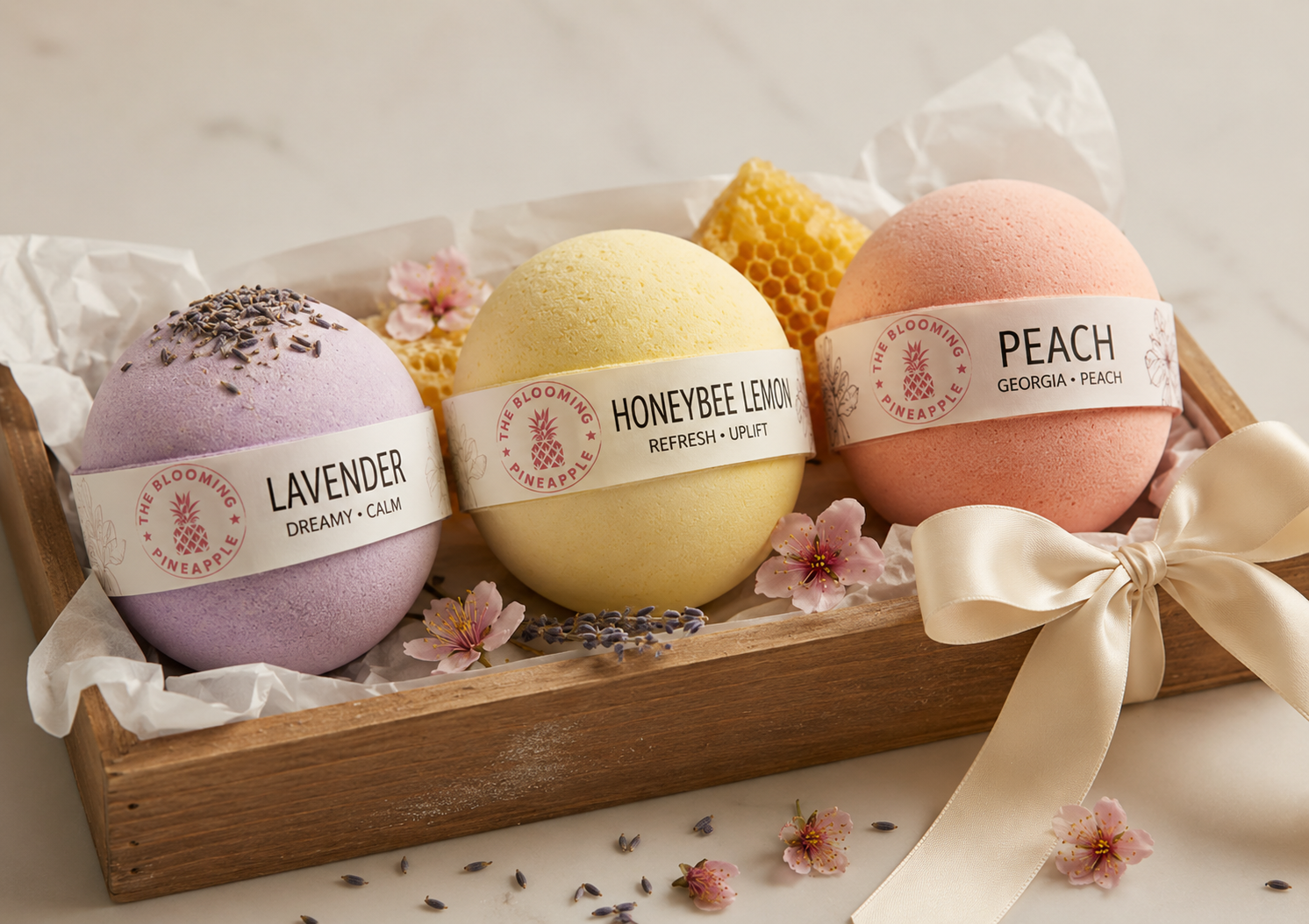 Luxury Bath Bomb Trio Gift Set (Lavender, Honeybee Lemon, Peach) - Image 2